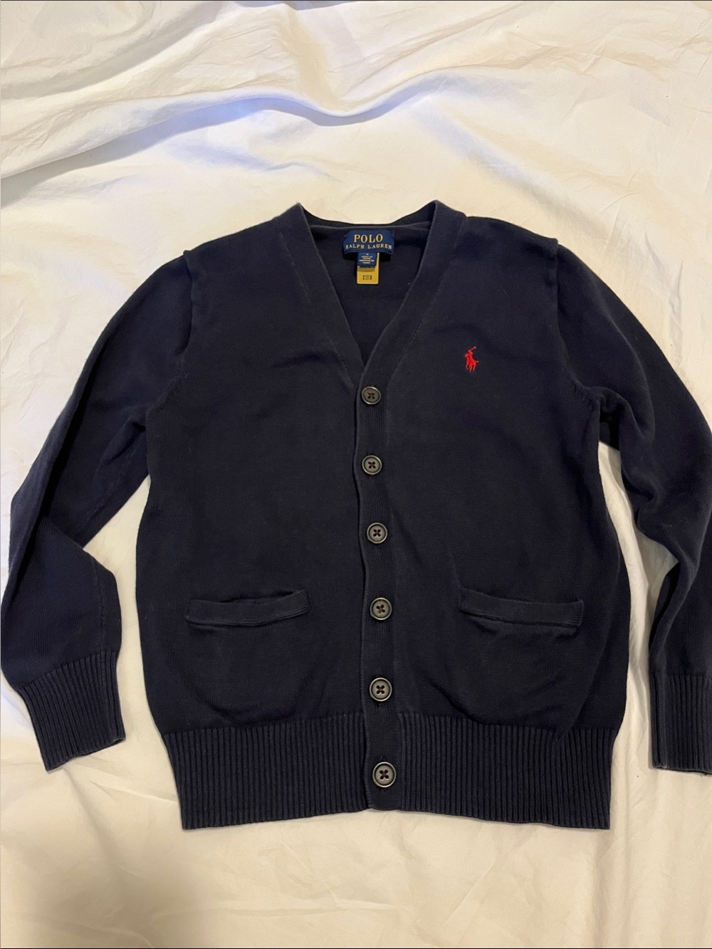 Polo by Ralph Lauren Kid’s Navy Button V‑Neck Cardigan with Red Pony